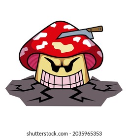 angry mushroom with a knife in his hat. cartoon fly agaric makes its way through the asphalt. vector illustration.