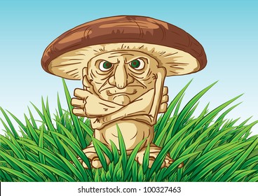 Angry mushroom in thick grass. Vector illustration.
