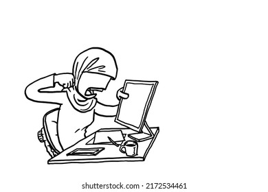 Angry muslim business woman try to punch monitor. Concept of stress at work. Hand drawn vector illustration design