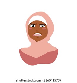 Angry muslim girl in hijab. Furious face Islamic woman vector cartoon portrait. African American head covered girl.