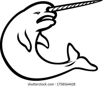 Angry Narwhal Jumping Mascot Black and White