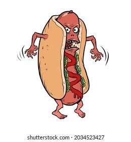 angry negative dangerous hot dog fast food funny mascot character, restaurants and street food