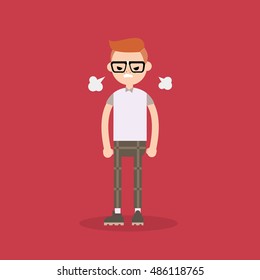 Angry nerd blowing steam. Flat cartoon vector illustration