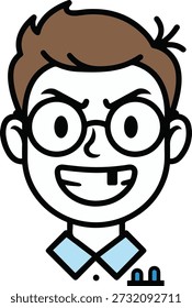 Angry nerd cartoon character vector illustration. A male avatar with messy brown hair, round glasses, and a missing tooth grin, appearing mischievous or manic, representing a geek, hacker, or mad scientist.