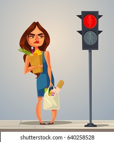 Angry Nerves Hurrying Late Woman Is Waiting For Green Color Traffic Light. Vector Flat Cartoon Illustration
