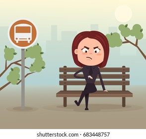 Angry nervous business woman office worker character waiting late bus look at watch and sitting on station. Vector flat cartoon illustration
