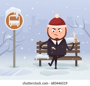 Angry nervous businessman office worker character waiting late bus look at watch and sitting on station. Cold snowy weather in winter. Vector flat cartoon illustration