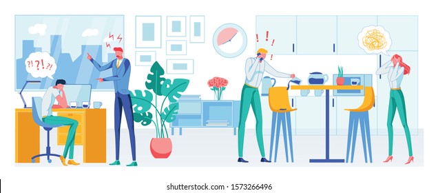 Angry and Nervous People at Workplace Flat Cartoon Vector Illustration. Office Team in Panic. Annoyed Businessmen at Work. Boss Yelling at Stressed Worker at Table. Employer Talking on Phone.