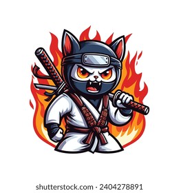 ANGRY NINJA CAT ILLUSTRATION VECTOR IN DEEP BLUE, RED,ORANGE, YELLOW, BLACK AND WHITE WITH WHITE BACKGROUND