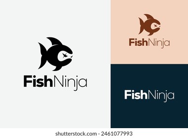 angry ninja fish logo design vector illustration