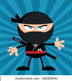 Angry Ninja Warrior Cartoon Character.Flat Design Over Blue Background. Vector Illustration 