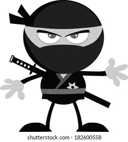 Angry Ninja Warrior Cartoon Character.Flat Design In Gray Color. Vector Illustration Isolated on white