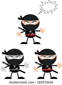 Angry Ninja Warrior  Cartoon Characters 2.Flat Design. Vector Collection Set