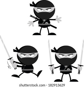 Angry Ninja Warrior  Cartoon Characters 1.Flat Design In Gray Color. Vector Collection Set