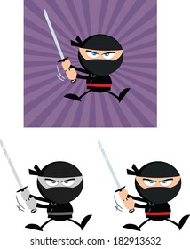 Angry Ninja Warrior  Cartoon Characters 5.Flat Design. Vector Collection Set