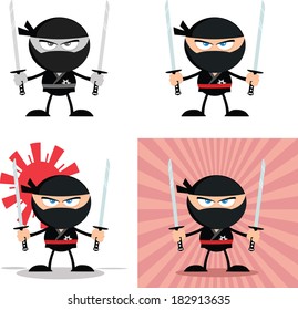 Angry Ninja Warrior  Cartoon Characters 3.Flat Design. Vector Collection Set