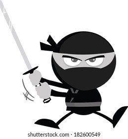 Angry Ninja Warrior Jumping With Katana.Flat Design In Gray Color. Vector Illustration Isolated on white