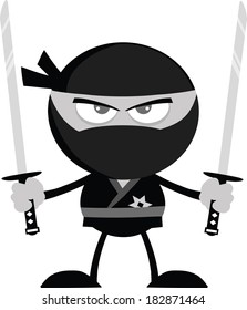 Angry Ninja Warrior With Two Katana.Flat Design In Gray Color. Vector Illustration Isolated on white