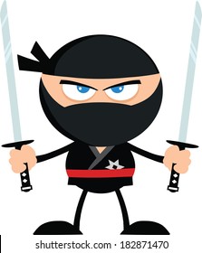 Angry Ninja Warrior With Two Katana.Flat Design. Vector Illustration Isolated on white