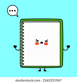 Angry Note pad character. Vector hand drawn cartoon kawaii character illustration icon. Isolated on blue background. Sad Note pad character concept