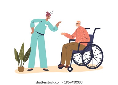 Angry nurse scolding old man on wheelchair while treatment in hospital. Bad nursing concept with aggressive medical worker shouting on sick person. Cartoon flat vector illustration