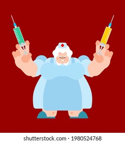 Angry nurse. sinister doctor with two syringes