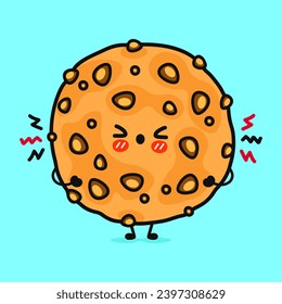 Angry Oatmeal cookies character. Vector hand drawn cartoon kawaii character illustration icon. Isolated on blue background. Sad Oatmeal cookies character concept