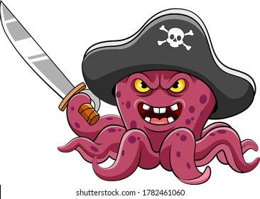 Angry octopus pirates cartoon holding sword of illustration