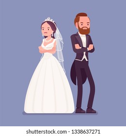 Angry offended bride and groom on wedding ceremony. Unhappy tuxedo man and woman in beautiful dress on traditional celebration, sad married couple. Marriage customs and traditions. Vector illustration