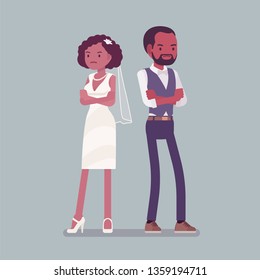 Angry offended bride, groom on wedding ceremony. Unhappy African american man, woman in beautiful dress, traditional celebration, sad married couple. Marriage customs, traditions. Vector illustration