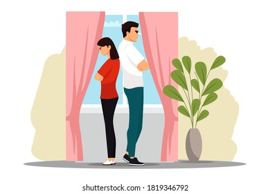 Angry offended people in family conflict. Woman and man suffering in silence, standing and not talking, tension, conversation problem. Unhappy marriage vector illustration. Domestic quarrels.