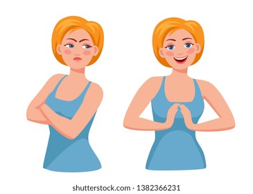 Angry, offended woman and happy, good