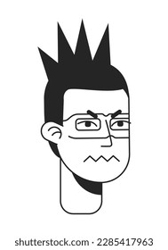 Angry offender with mohawk monochromatic flat vector character head. Black and white avatar icon. Editable cartoon user portrait. Hand drawn ink spot illustration for web graphic design and animation