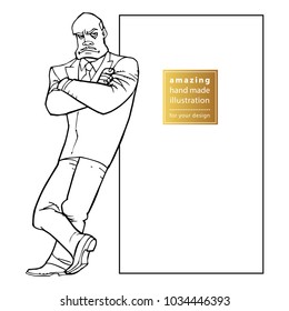 Angry office boss near door. Black and white hand drawn illustration.