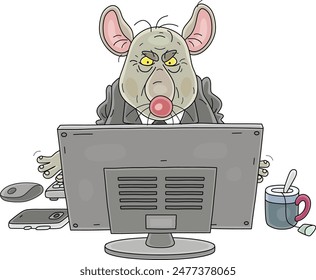 Angry office manager Rat sitting in front of its computer and working on very important documents, vector cartoon illustration on white