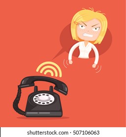 Angry office woman character call. Vector flat cartoon illustration
