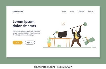 Angry office worker breaking computer with hammer. Tired adult man stressed from hard work flat vector illustration. Business, work stress concept for banner, website design or landing web page