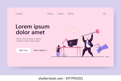 Angry office worker breaking computer with hammer. Tired adult man stressed from hard work flat vector illustration. Business, work stress concept for banner, website design or landing web page