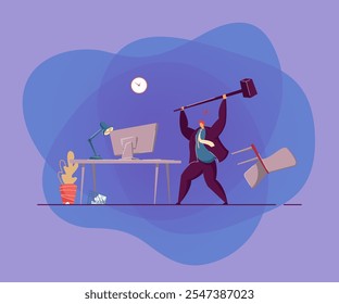 Angry office worker breaking computer with hammer. Tired adult man stressed from hard work flat vector illustration. Business, work stress concept for banner, website design or landing web page