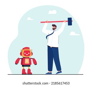Angry office worker breaking cute robot with big hammer. Man becoming unemployed due to machine flat vector illustration. Technology, modern robots, automation, unemployment concept for banner