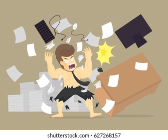 Angry office worker character crash workplace. vector
