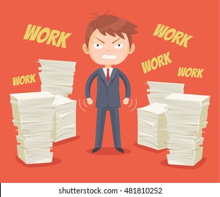 Angry office worker character has lot of works. Vector flat cartoon illustration