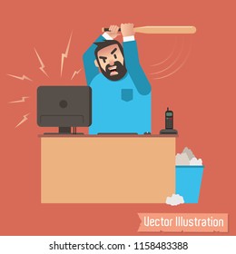 Angry office worker crash his monitor. Office employee waves a huge baseball bat. Isolated vector illustration. Character for animation