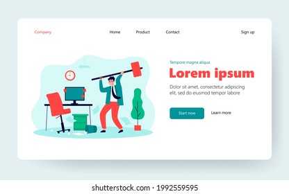 Angry office worker destroying personal computer with hammer isolated flat vector illustration. Cartoon furious man breaking his workplace. Business and work stress concept