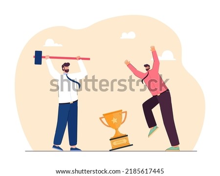 Angry office worker destroying trophy of colleague or rival. Envious person smashing gold cup of winner flat vector illustration. Victory, competition, rivalry or envy concept for banner