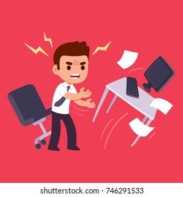 Angry office worker flipping table. Workplace stress and job frustration concept. Flat cartoon vector illustration.