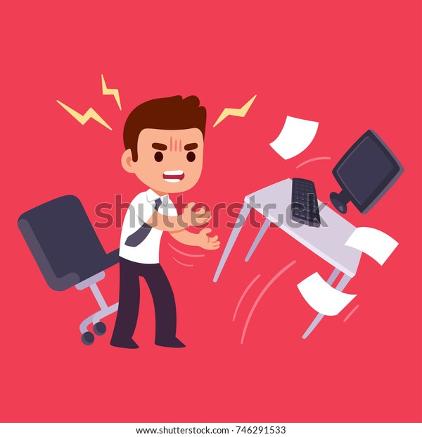 Angry office
worker flipping table. Workplace stress and job frustration
concept. Flat cartoon vector
illustration.