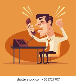 Homem trabalhador de escritório irritado personagem gritando no telefone. Ilustração de desenhos animados plana vetorial