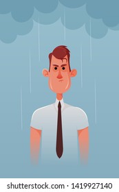 Angry Office Worker Standing Under the Rainy Cloud. Cartoon Style. Vector Illustration