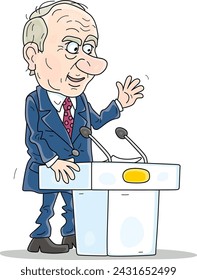 Wütender Beamter nimmt seine sehr wichtige Rede auf einer Sitzung oder Pressekonferenz, Vektor-Cartoon-Illustration auf einem weißen Hintergrund